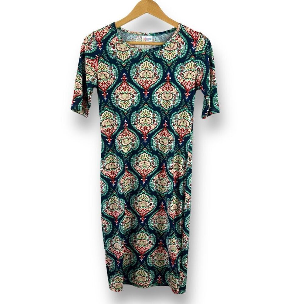 LuLaRoe Womens S Short Sleeve Pencil Midi Dress Green Blue Mandala Kaleidoscope‎